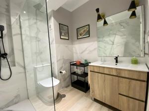 uma casa de banho com um chuveiro, um WC e um lavatório. em Balcón Victoria em Málaga
