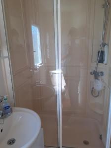 a bathroom with a shower and a toilet and a sink at Southfield 97 in Great Driffield