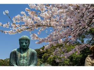 a statue in front of a tree with pink flowers at Halettohouse SAKANOSHITA - Vacation STAY 30106v in Kamakura