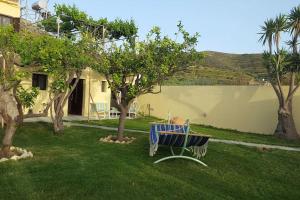 a blue bench sitting in a yard with trees at Wester Sun new apartment near Balos & Falassarna in Kissamos