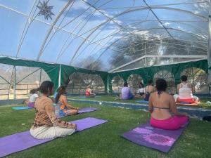 a group of people practicing yoga under a tent at Lavanda Aldea Holística in San Miguel de Allende