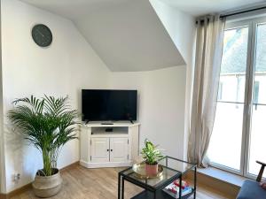 sala de estar con TV de pantalla plana y plantas en Émeraude Lumineux T3 au cœur du village, à 5 min des plages, en Saint-Méloir-des-Ondes
