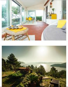 two pictures of a bedroom with a bed and a view of the water at La Collina sul Mare in Marina di Campo