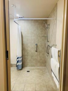 a bathroom with a shower with a shower curtain at Southgate Motor Inn in Wellington