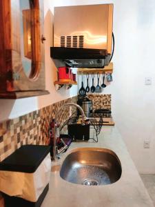 a kitchen counter with a sink and a microwave at Chalé Formoso - Chalé Romântico com Hidromassagem in Serra de São Bento