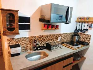 a kitchen counter with a sink and a microwave at Chalé Formoso - Chalé Romântico com Hidromassagem in Serra de São Bento