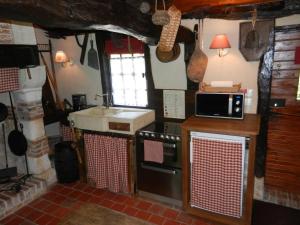 a kitchen with a stove and a sink and a microwave at Le gîte des Trois Vaches in Brionne