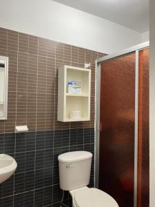 La salle de bains est pourvue de toilettes et d'un lavabo. dans l'établissement CASA ROMEL, à Ciudad Valles