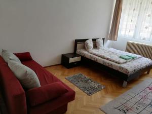 a living room with a couch and a chair at Casă de oaspeți ORSO in Sovata