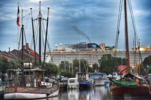 un groupe de bateaux amarrés dans un port avec un navire de croisière dans l'établissement Ferienwohnung Hafensicht 25507, à Weener