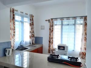 cocina con fogones, fregadero y ventanas en Cycad Palm Diani, en Diani Beach