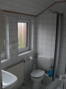 ドルヌムにあるGaestehaus-Zur-alten-Post-Wohnung-Nordのバスルーム(トイレ、洗面台付)、窓が備わります。