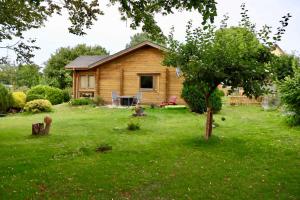 a wooden house in a yard with a tree at Ferienhaus an der Wiese in Lühmannsdorf