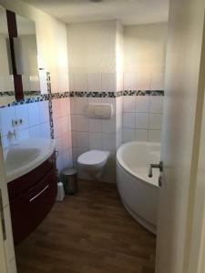 a bathroom with a tub and a toilet and a sink at Hinterhaus "Galgenbruch" in Feldberg