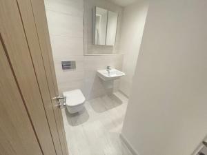 a bathroom with a toilet and a sink at Canalside Bude in Bude