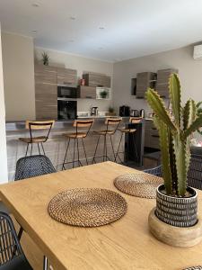 a dining room table with a cactus on top of it at «La Calade » Villa les Glycines in Collioure