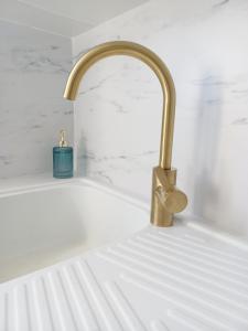 a kitchen sink with a gold faucet at Villa les Pieds dans l'Eau in Trégastel