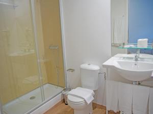 een badkamer met een toilet, een wastafel en een douche bij Apartamentos Santander Maliaño Suites 3000 in Maliaño