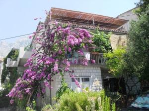 un montón de flores púrpuras colgando de un edificio en Apartments Kate, en Makarska