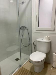 y baño con aseo y ducha acristalada. en Estudio Malagueño Centro 1ºB, en Málaga