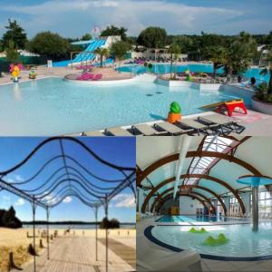 two pictures of a water park with a pool at copinsdeslandes mobil home in Gastes