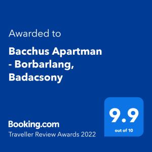Certifikát, ocenenie alebo iný dokument vystavený v ubytovaní Bacchus Apartman - Borbarlang, Badacsony