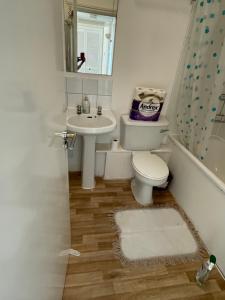 a bathroom with a toilet and a sink at Vibrant & Cosy London Apartment Near Wembley in London