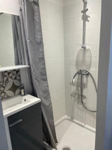 un baño con ducha y lavabo en "L'authentique" Maison de ville Arles La Roquette, en Arles 35 fotos más