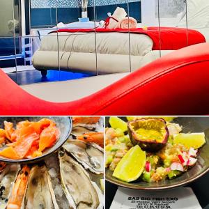 a collage of photos with a bed and a plate of food at La desiroom in Fréjus
