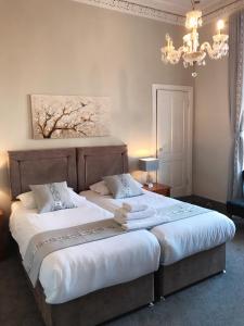 una camera con due letti e un lampadario a braccio di Alexander Guest House a Edimburgo