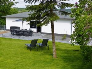 a yard with two chairs and a table and a tree at Ferienvilla mit Panoramablick auf den Schmachter See in Binz