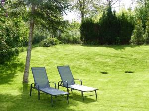two chairs sitting in the grass in a yard at Ferienvilla mit Panoramablick auf den Schmachter See in Binz