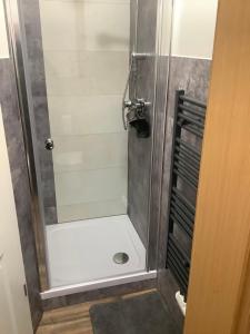 una ducha con puerta de cristal en un baño en Schöne Ferienwohnung, en Eisenach 27 fotos más