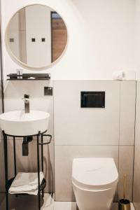 W łazience znajduje się umywalka, toaleta i lustro. w obiekcie Bursztynowy Sen Stegna w Stegnie