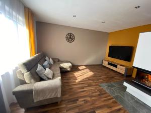 a living room with a couch and a flat screen tv at Ferienwohnung 2 Schweizer in Geisingen