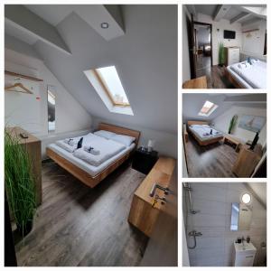 three pictures of a bedroom with a bed and a table at Sleeping Sailors Boutique Hotel in Siófok
