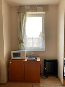 un four micro-ondes installé au-dessus d'un meuble en face d'une fenêtre dans l'établissement Bernadett Villa Apartman 2, à Bük