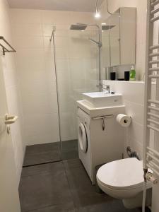 a bathroom with a toilet and a sink and a shower at Ferienwohnung am Schlosspark in Weinheim