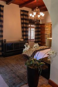 um quarto com uma cama grande e um lustre em Bloemendal Wine Estate Accommodation em Cidade do Cabo