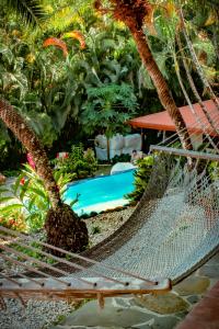 a hammock between two palm trees in a garden at Hotel El Jardin in Montezuma
