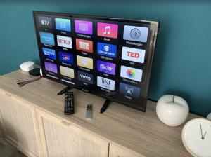 einen Flachbild-TV auf einem Schrank in der Unterkunft FEWO "Rabennest " Gemütliche Wohnung nahe Rabensteinklinikum - kein separates Schlafzimmer, Studiowohnung in Chemnitz