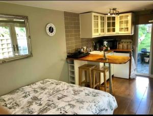 ロンドンにあるUnique wooden lodge with a view!のカウンターとテーブル付きのキッチンが備わります。