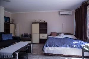 シオーフォクにあるMeszaros apartmanの小さなベッドルーム(ベッド1台、ソファ付)