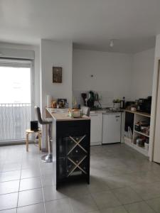 - une cuisine avec un îlot au milieu d'une pièce dans l'établissement Le Gaïa - Joli appartement au calme 10min du centre de Lyon, à Villeurbanne
