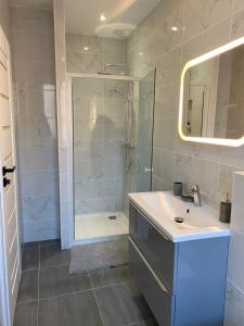 uma casa de banho com um chuveiro, um lavatório e um espelho. em Les Rives Saint Symphorien, appartements meublés em Longeville-lès-Metz