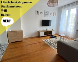 uma sala de estar com um sofá e uma televisão em Les Rives Saint Symphorien, appartements meublés em Longeville-lès-Metz