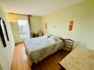 ein Schlafzimmer mit einem Bett, einem Stuhl und einem Fenster in der Unterkunft Marseille 8ème - T3, 4 couchages, terrasse - proche plage in Marseille