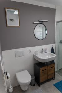 un bagno con lavandino, WC e specchio di FeWo Aurora am Bodensee a Friedrichshafen Altre 17 foto