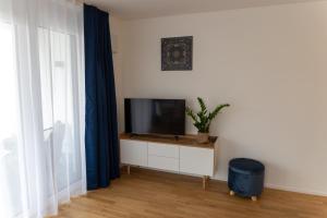a living room with a flat screen tv on a cabinet at FeWo Aurora am Bodensee in Friedrichshafen
