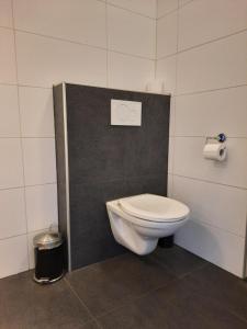 a bathroom with a toilet and a trash can at Jaegershoes in Belfeld